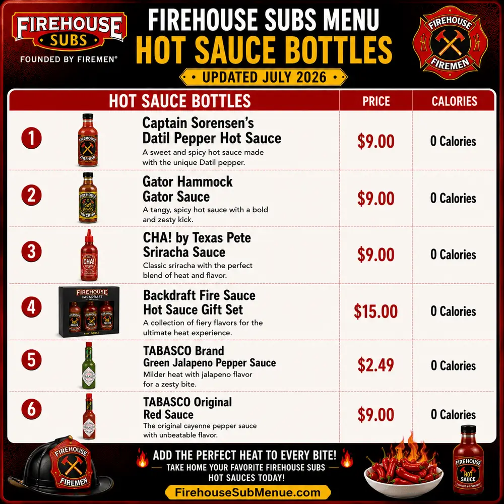 Firehouse Subs Menu Hot Sauce Bottles