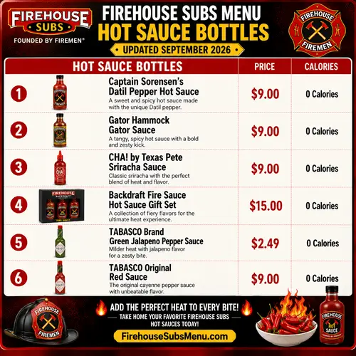 Firehouse Subs Menu Hot Sauce Bottles September 2026