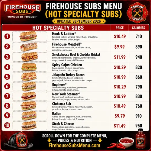 Firehouse Subs Menu Hot Specialty Subs September 2026